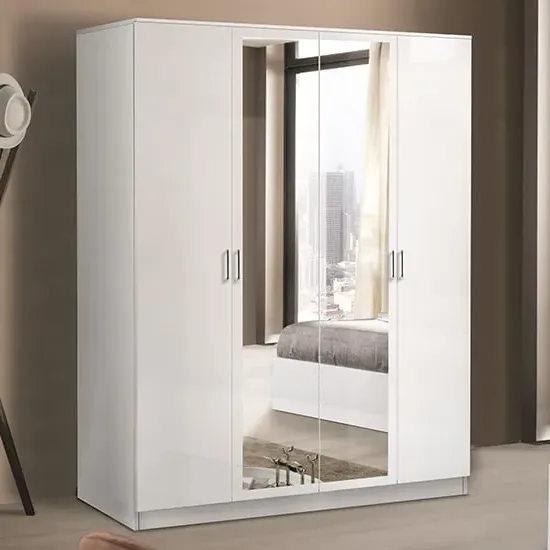 Mayon Mirrored 4 Door Wardrobe - White, MDF image