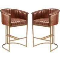 Medinah Bar Stools Pair - Pecan Brown, Genuine Leather