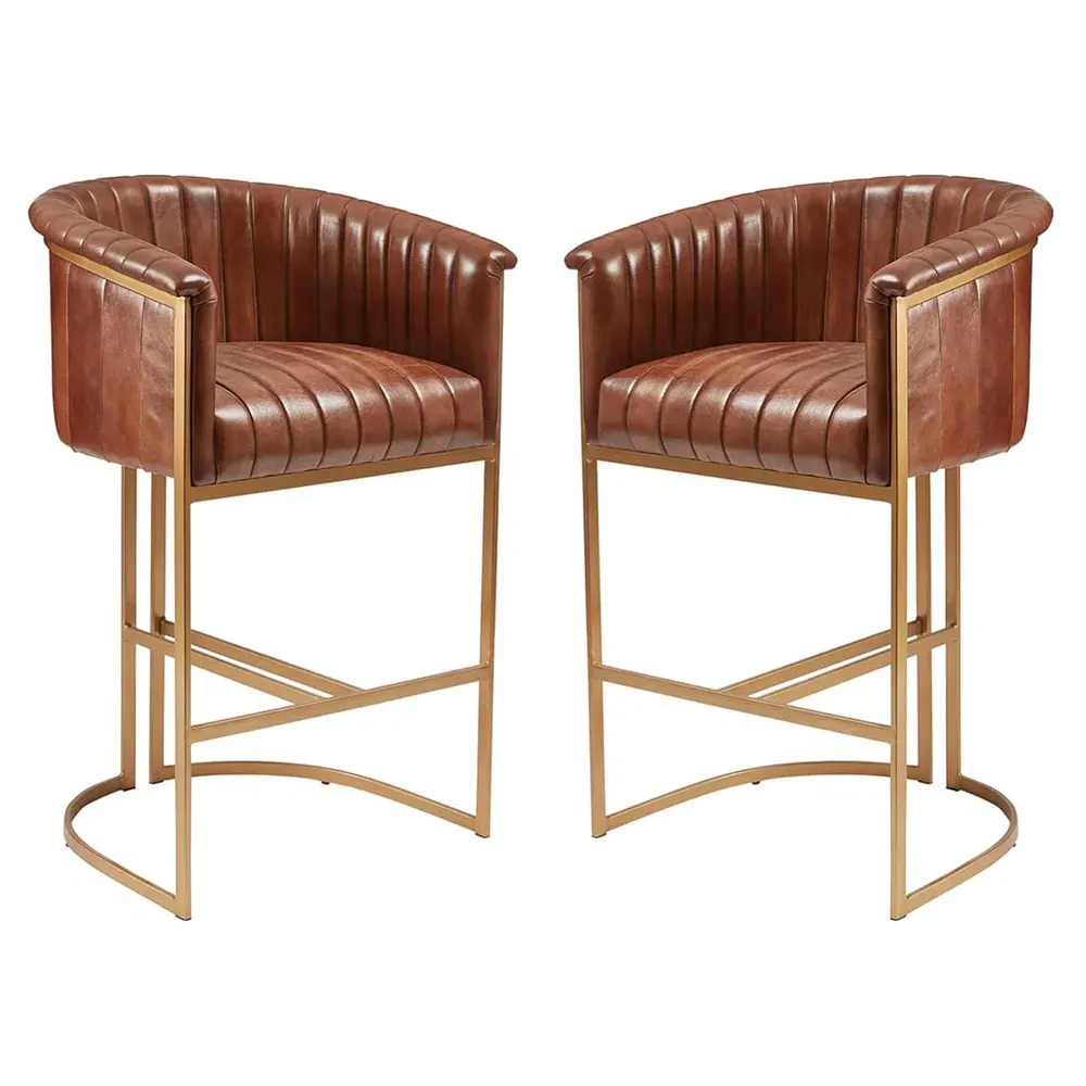 Medinah Bar Stools Pair - Pecan Brown, Genuine Leather