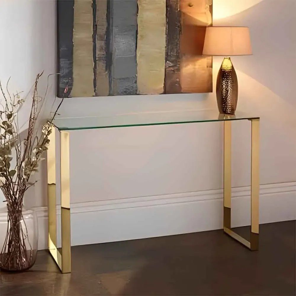 Megan Rectangular Console Table - Gold, Glass