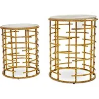 Mekbuda Round Nest of 2 Tables with Drum Frame - White, Marble