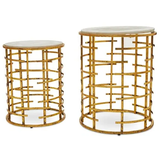 Mekbuda Round Nest of 2 Tables with Drum Frame - White, Marble