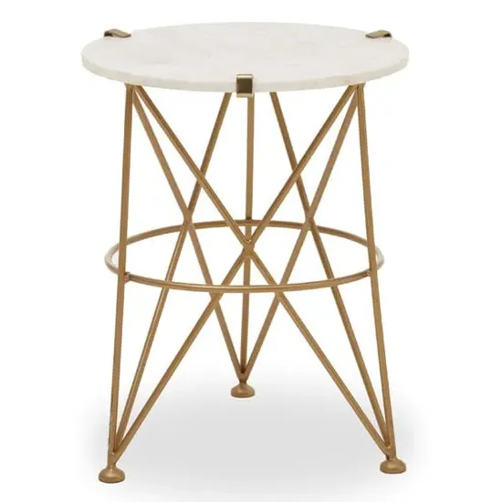 Mekbuda Round Side Table with Angular Legs - White, Marble
