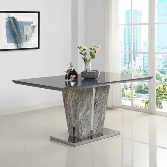 Melange Large Glass Top Dining Table - Grey, Marble Effect