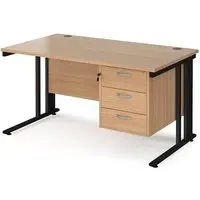 Melor Computer Desk with 3 Drawers - Beech, Black