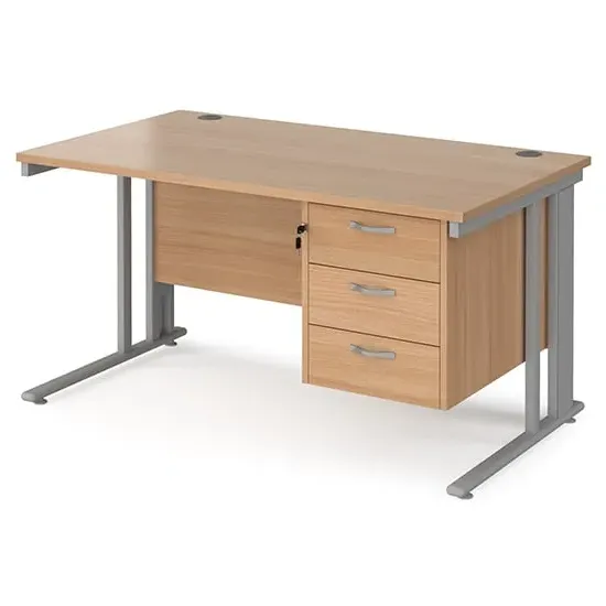 Melor Computer Desk with Cable Management and 3 Drawers - Beech, Silver