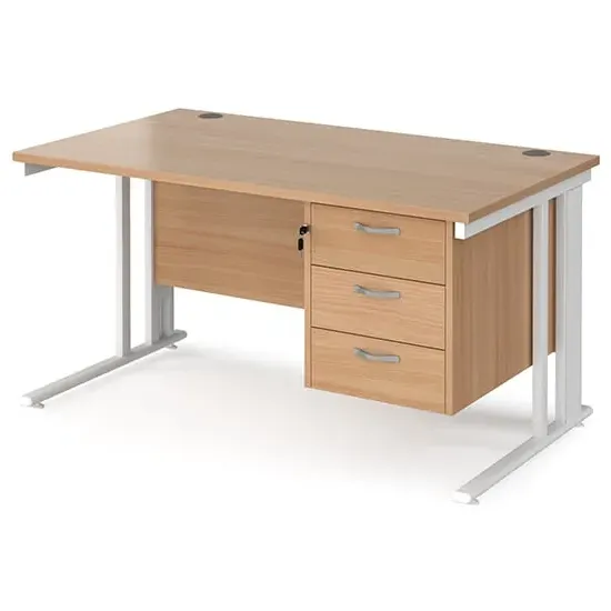 Melor Computer Desk with Cable Management and 3 Drawers - Beech, White