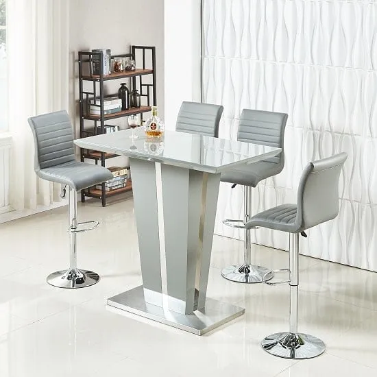 Memphis Glass Rectangular Bar Table with 4 Ripple Stools - Grey