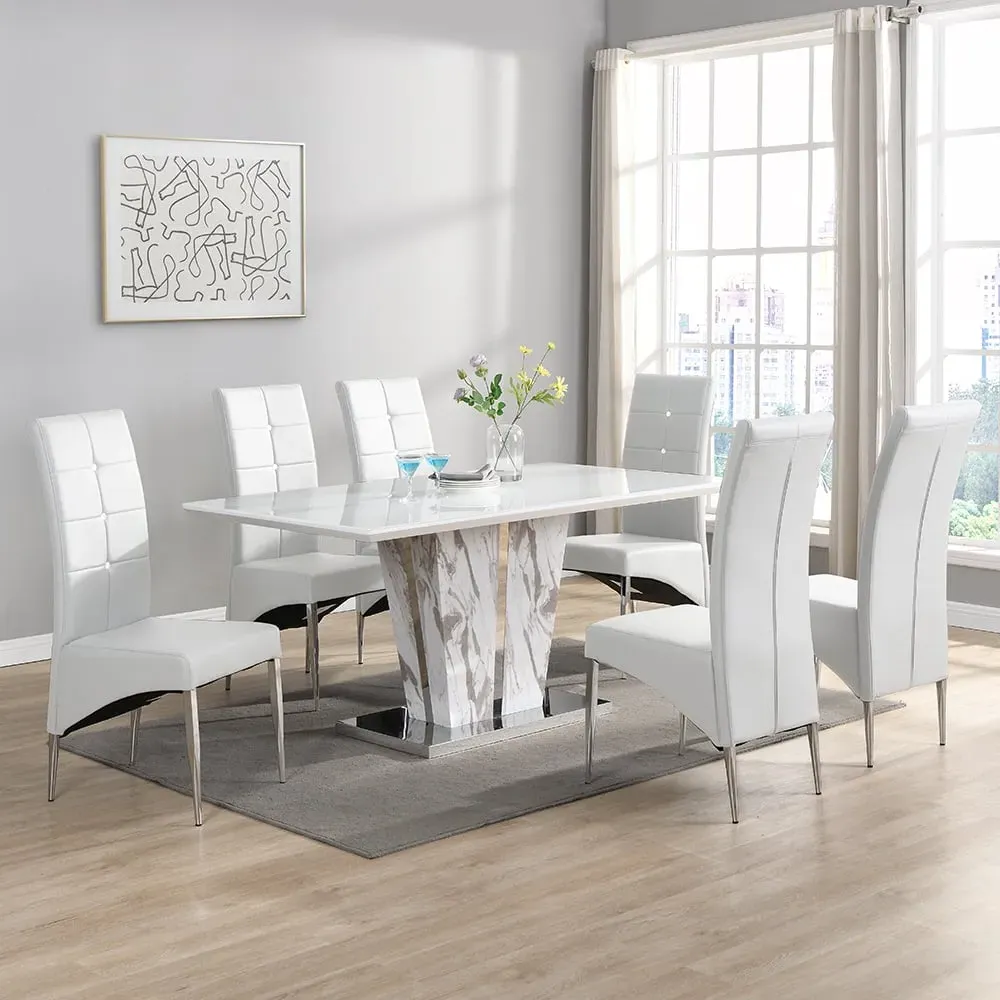 Memphis Large Filo Effect Dining Table with 6 Vesta Chairs - White