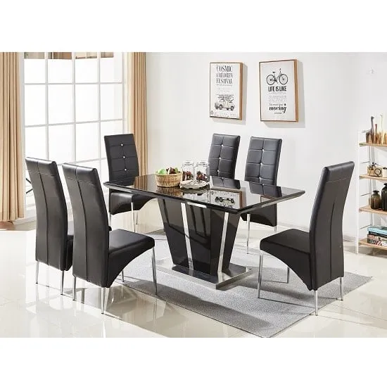 Memphis Large Gloss Dining Table with 6 Vesta Chairs - Black