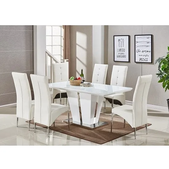 Memphis Large Gloss Dining Table with 6 Vesta Chairs - White