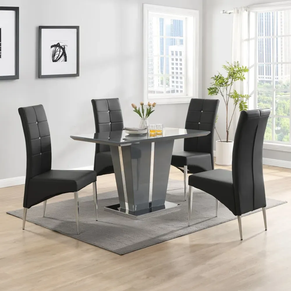 Memphis Small Grey Gloss Dining Table with 4 Vesta Chairs - Black