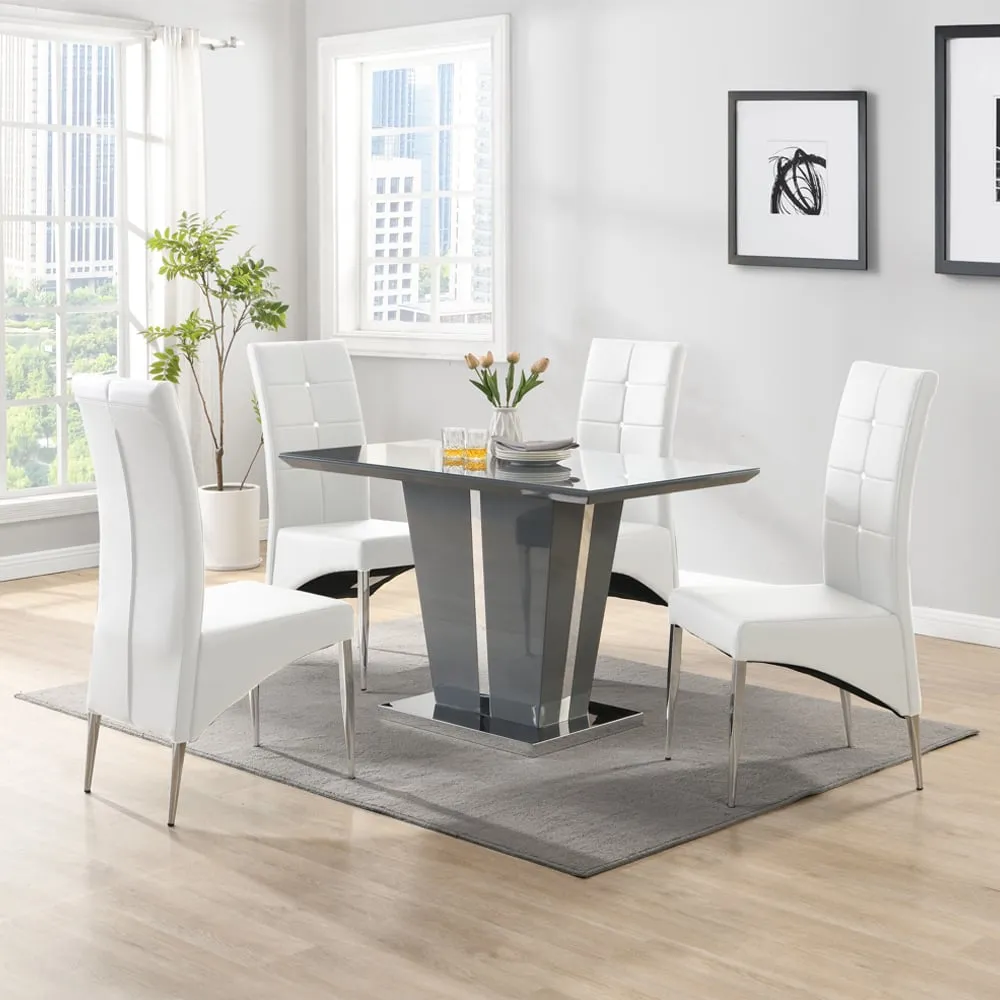 Memphis Small Grey Gloss Dining Table with 4 Vesta Chairs - White