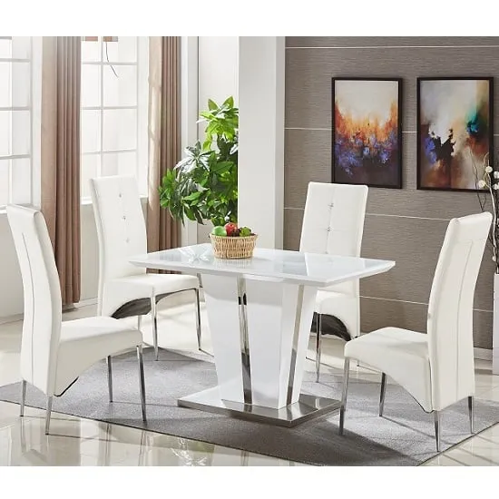 Memphis Small White Gloss Dining Table with 4 Vesta Chairs - White