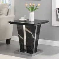 Memphis Square Lamp Table with Glass Top - Black, Marble Effect