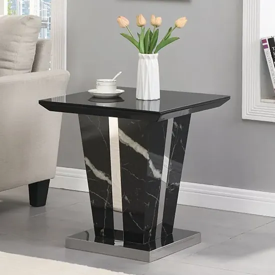 Memphis Square Lamp Table with Glass Top - Black, Marble Effect image