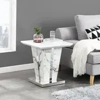 Memphis Square Lamp Table with Glass Top - White, Marble Effect