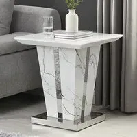 Memphis Square Lamp Table with Glass Top - White, Marble Effect