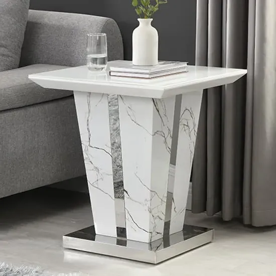Memphis Square Lamp Table with Glass Top - White, Marble Effect