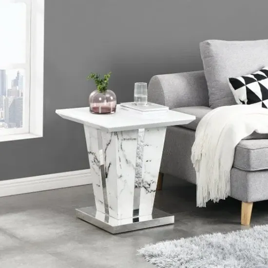 Memphis Square Lamp Table with Glass Top - White, Marble Effect