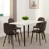 Mequon Dining Table with 4 Alsip Chairs - White, Marble Effect