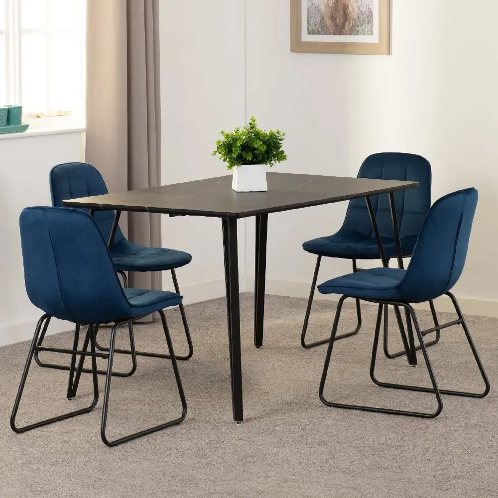 Mequon Dining Table with 4 Lyster Chairs - Blue, Marble Effect