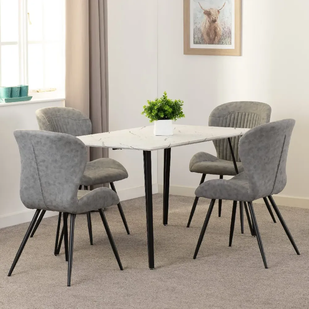 Mequon Dining Table with 4 Qinson Chairs - White, Marble Effect