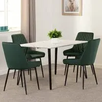 Mequon Dining Table with 4 Velvet Chairs - White, Marble Effect