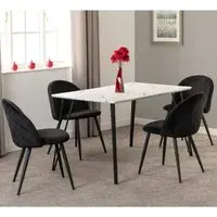 Mequon Dining Table with 4 Velvet Chairs - White, Marble Effect