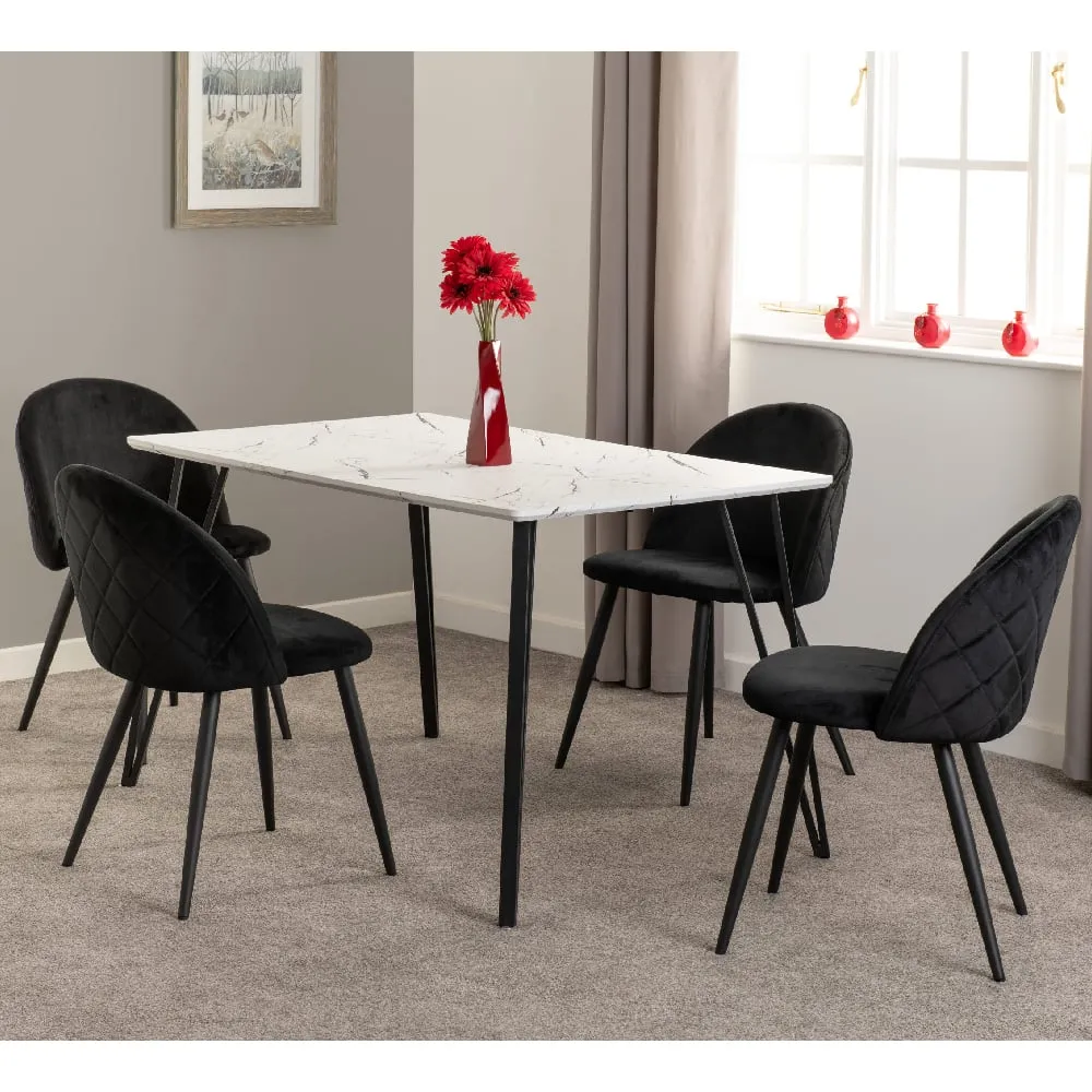 Mequon Dining Table with 4 Velvet Chairs - White, Marble Effect