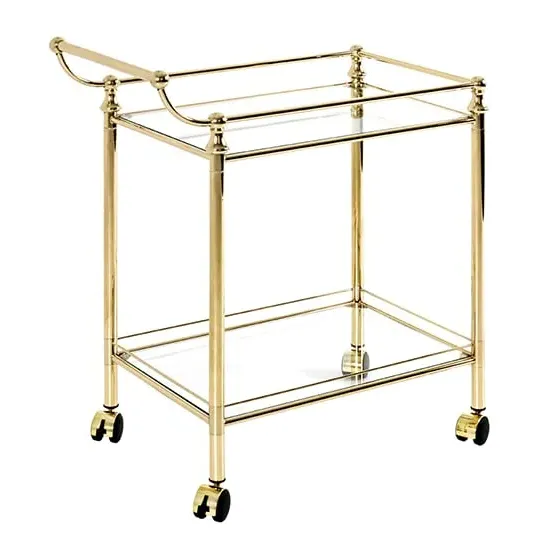 Merksem Clear Glass Shelves Serving Trolley - Clear, Brass