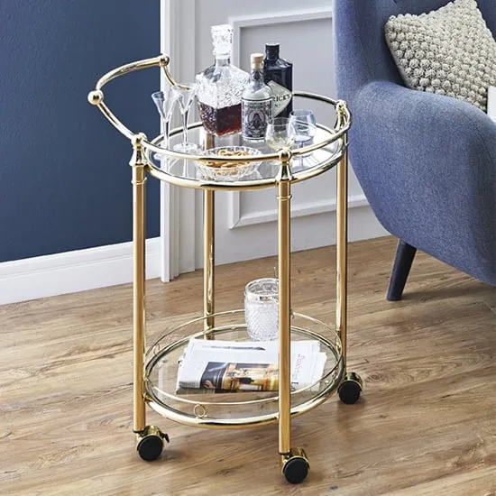 Merksem Round Clear Glass Shelves Serving Trolley - Clear, Brass