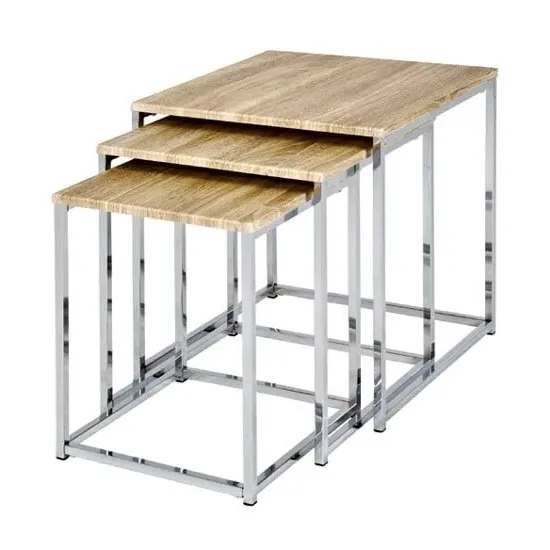 Merlin Set of 3 Nesting Tables - Light Oak, Chrome image