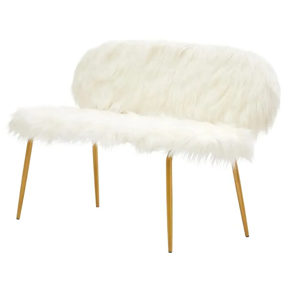 Merope Upholstered Sofa with Gold Metal Legs - White, Faux Fur