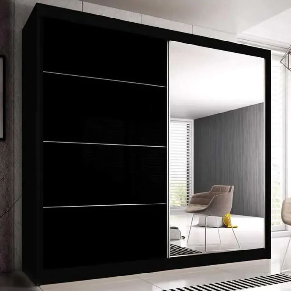 Mesa 183cm Mirrored Wardrobe with Sliding Doors - Black Gloss