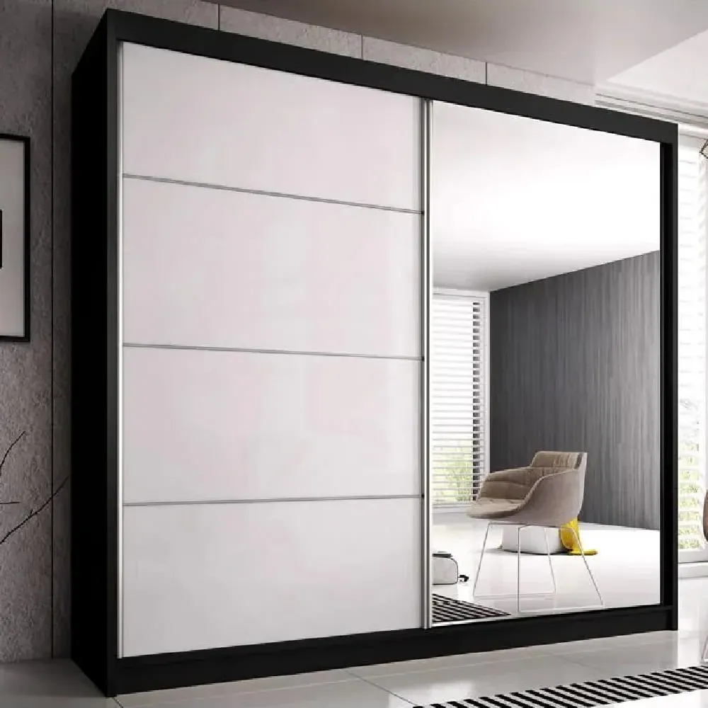 Mesa 183cm Mirrored Wardrobe with Sliding Doors - Black White Gloss