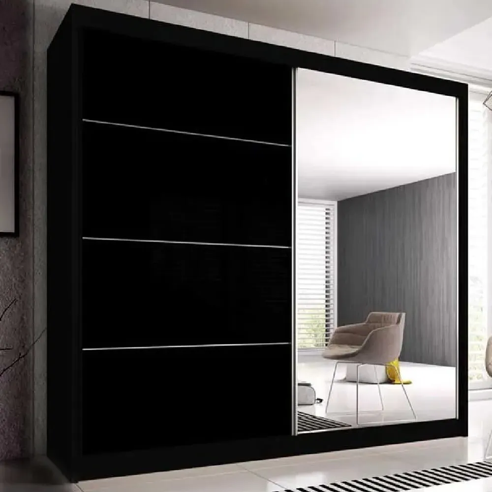 Mesa 203cm Mirrored Wardrobe with Sliding Doors - Black Gloss