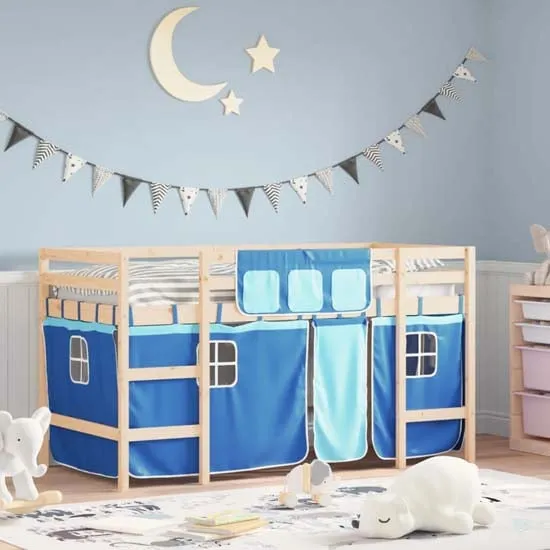 Messina Single Loft Bed with Curtains - Blue, Pinewood