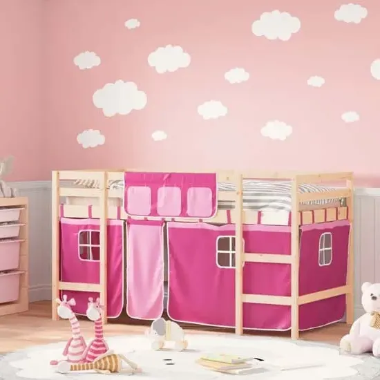 Messina Single Loft Bed with Curtains - Pink, Pinewood