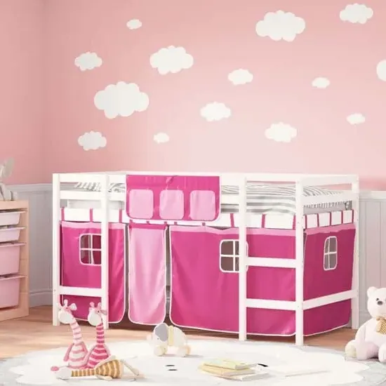 Messina Single Loft Bed with Curtains - White, Pinewood