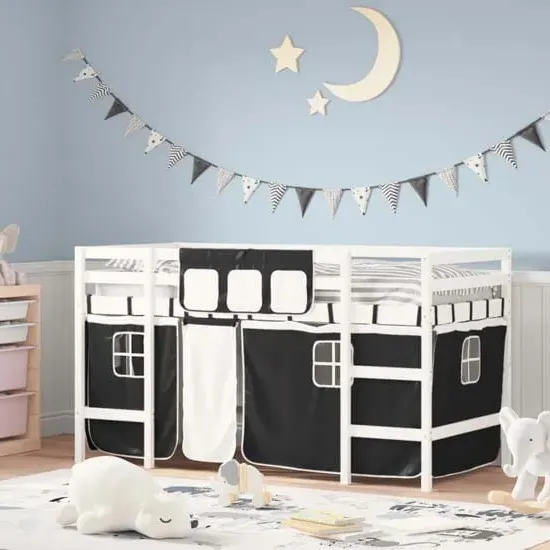 Messina Single Loft Bed with Curtains - White, Pinewood