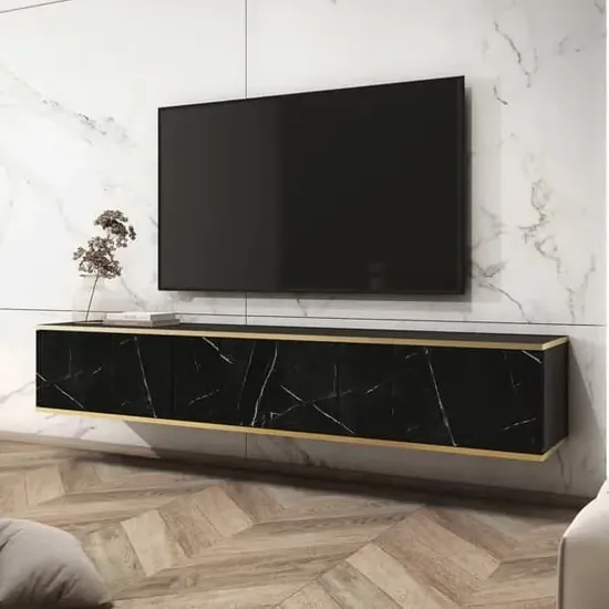 Mexico Floating TV Stand with 3 Doors - Black Marble