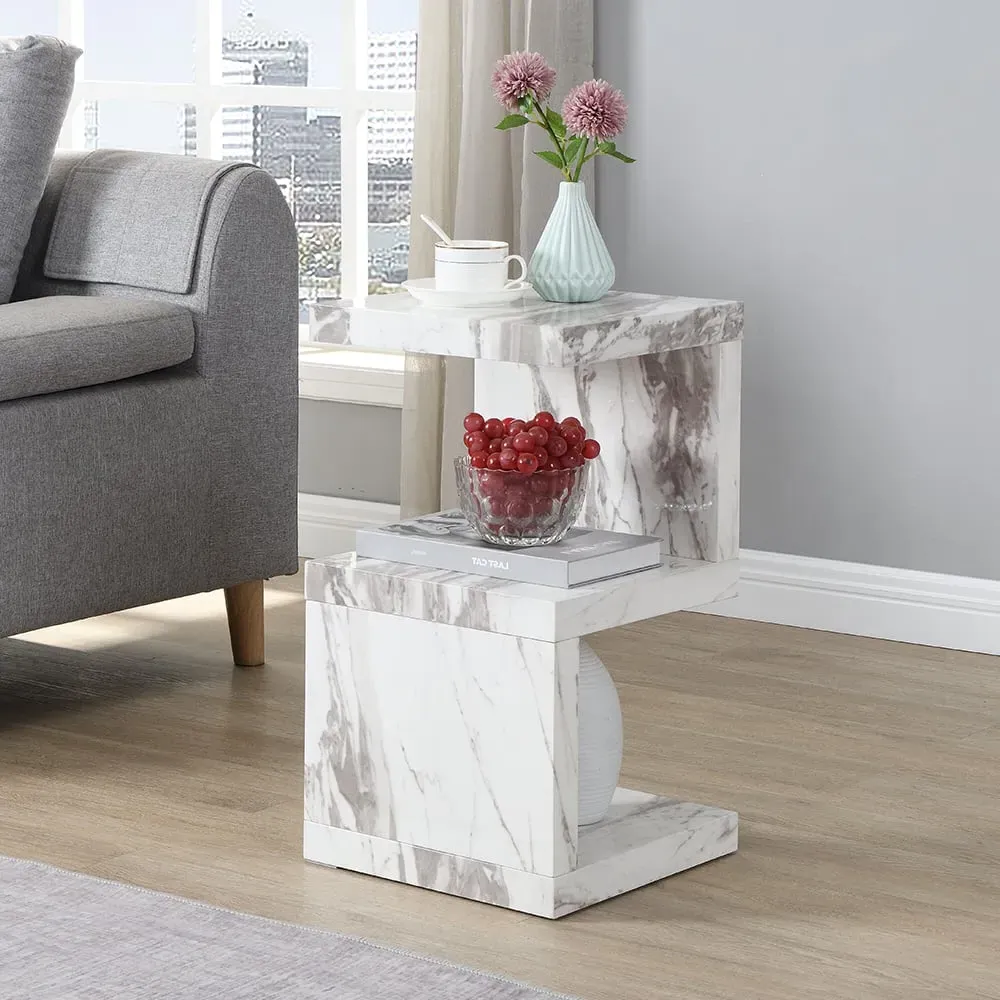 Miami S-Shape Side Table - White, Filo Marble Effect