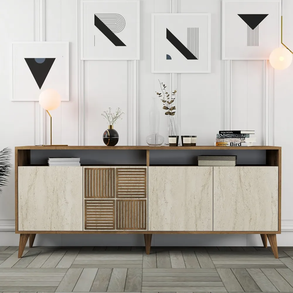 Milan 4-Door Sideboard - Walnut, Travertine Marble Effect product