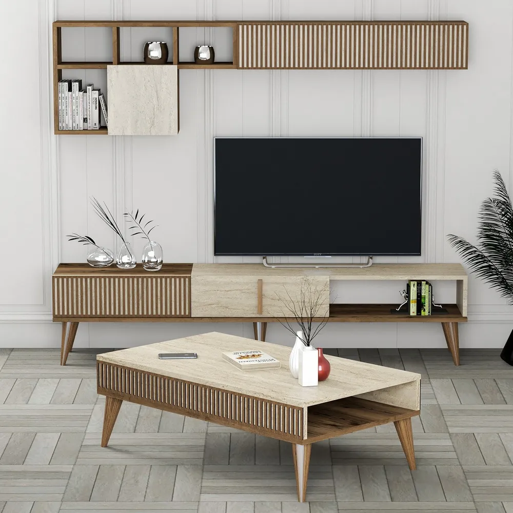 Milan Entertainment Unit & Coffee Table Set - Walnut, Travertine Marble Effect product