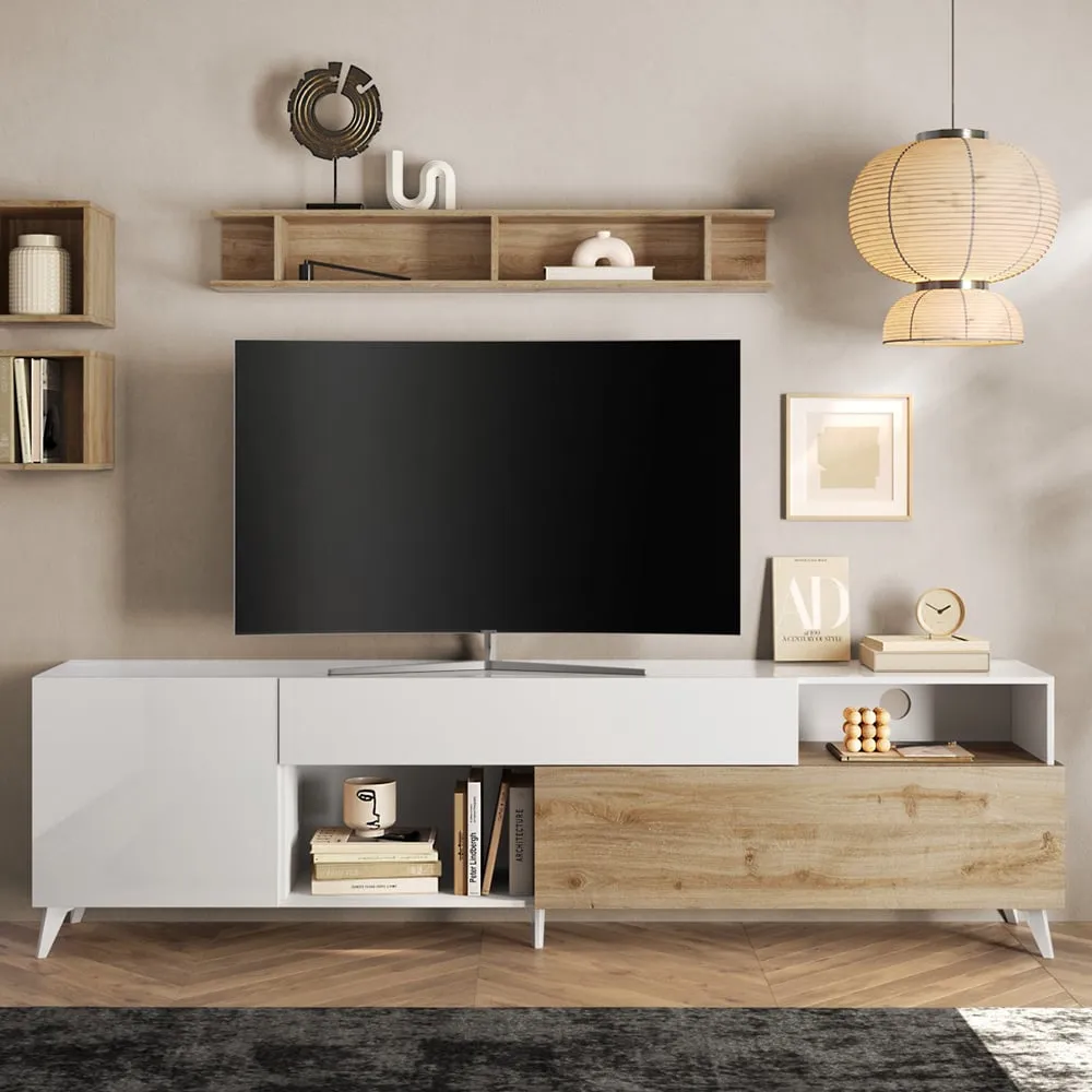 Milan Large High Gloss TV Stand - White, Cadiz Oak