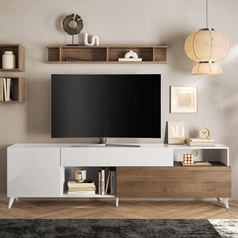 Milan Large High Gloss TV Stand - White, Mercure Oak