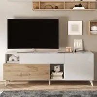 Milan Small High Gloss TV Stand - White, Cadiz Oak