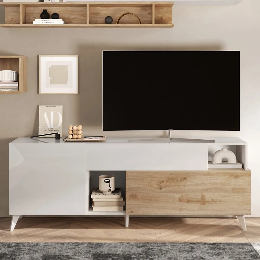 Milan Small High Gloss TV Stand - White, Cadiz Oak image