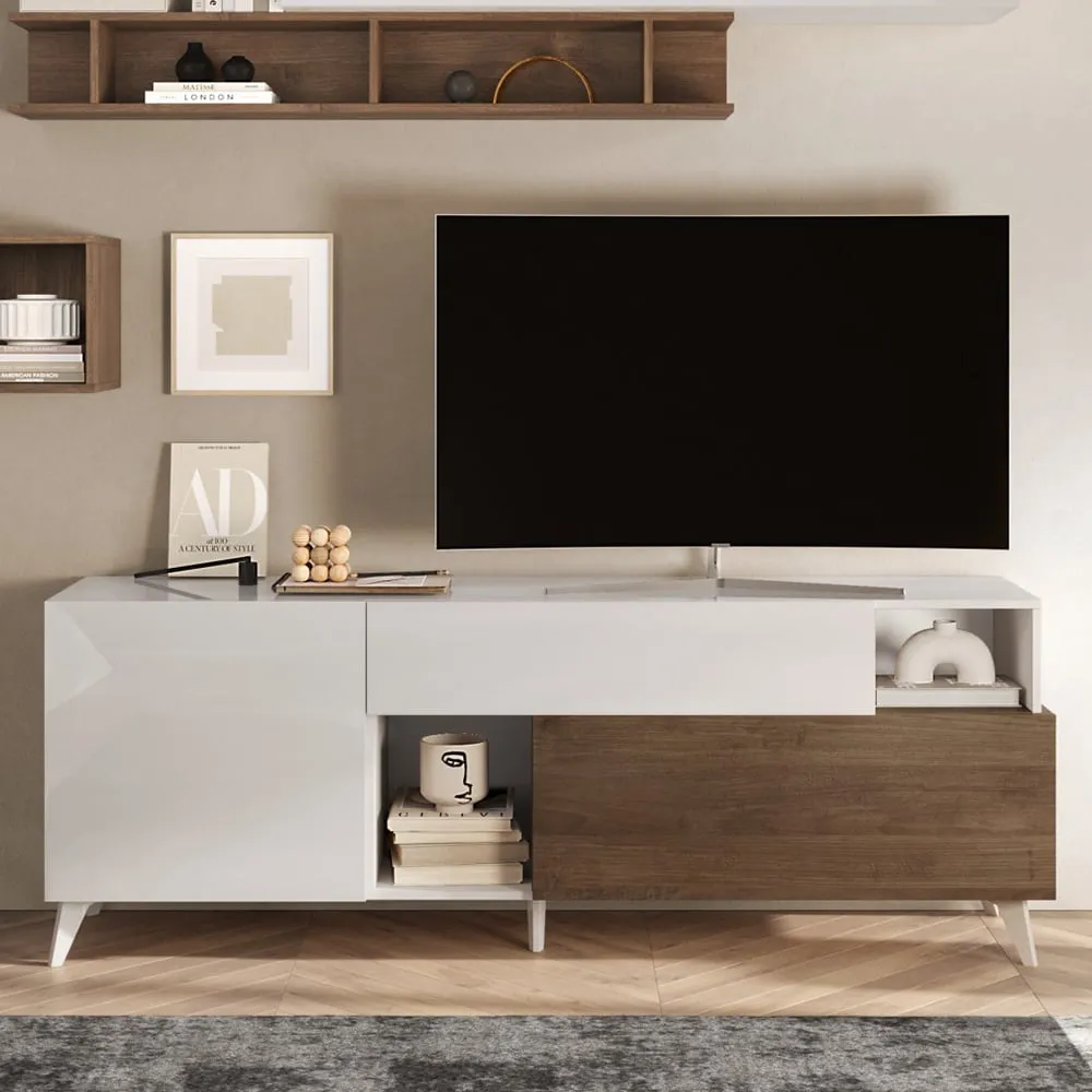 Milan Small High Gloss TV Stand - White, Mercure Oak